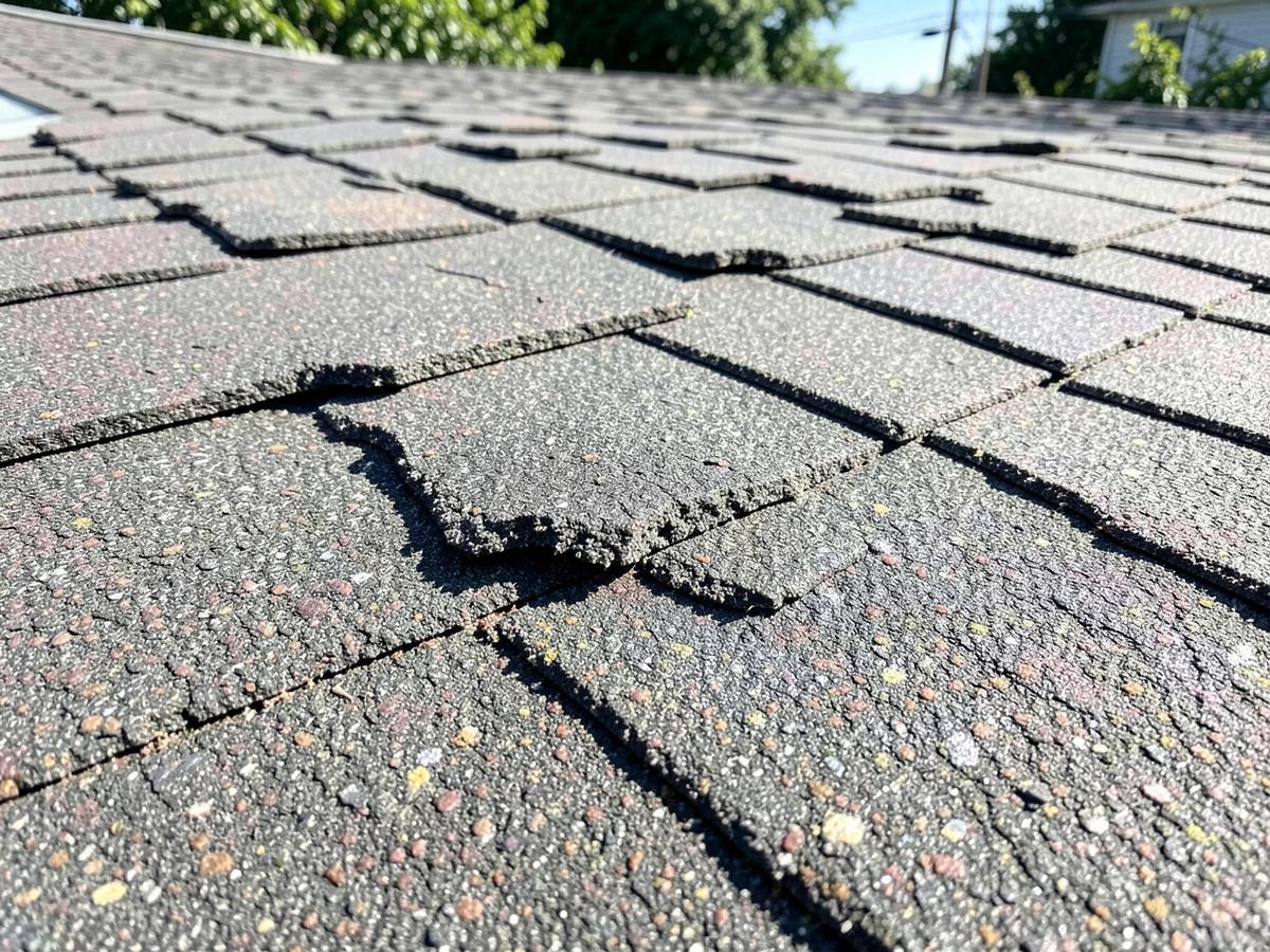 Asphalt shingle with a curled, lifted edge