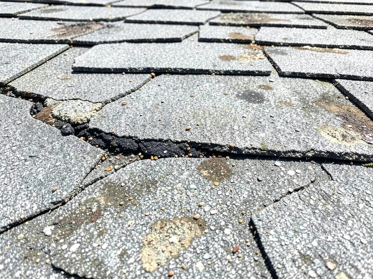 Close view of asphalt shingles with bare patches where granules have worn away